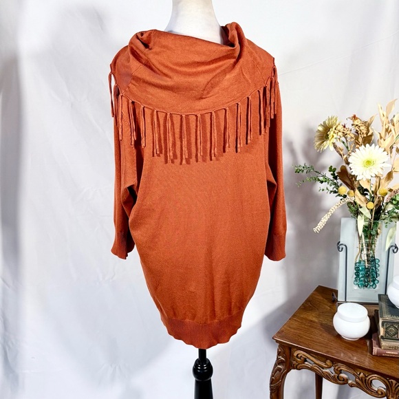 NWOT NOTATIONS Rust Orange Fringe Cowl Neck Elbow Sleeve Sweater Womens 1X💚 - Picture 5 of 9